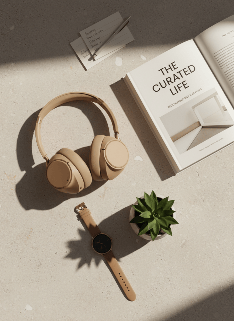 A stylish flat-lay photo of curated lifestyle items arranged on a clean surface — headphones, a book, a smartwatch, and a plant — representing a review and recommendations blog. Modern, editorial feel with warm neutral tones.